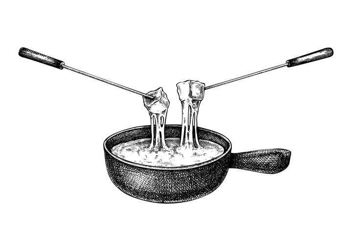 Cheese fondue sketch. Hand-drawn food illustration. Melted cheese in pot vector drawing. French cuisine menu design element. NOT AI generated